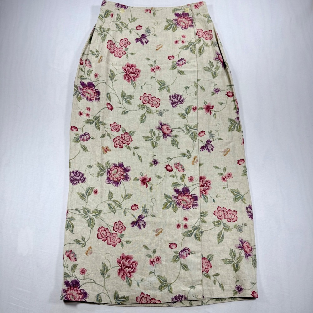 VTG 90s Eddie Bauer Womens Floral 100%Linen Wrap Skirt Beige Pink Purple Maxi 10